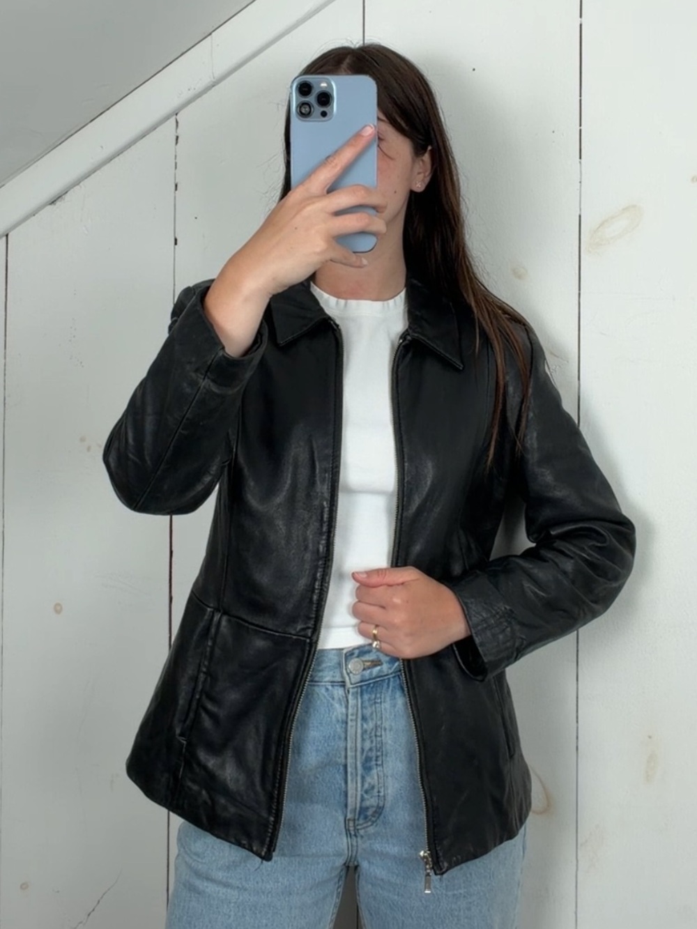 Vintage Petite Sophisticate Black Leather Zip Up Jacket Women’s Small 90s Y2K